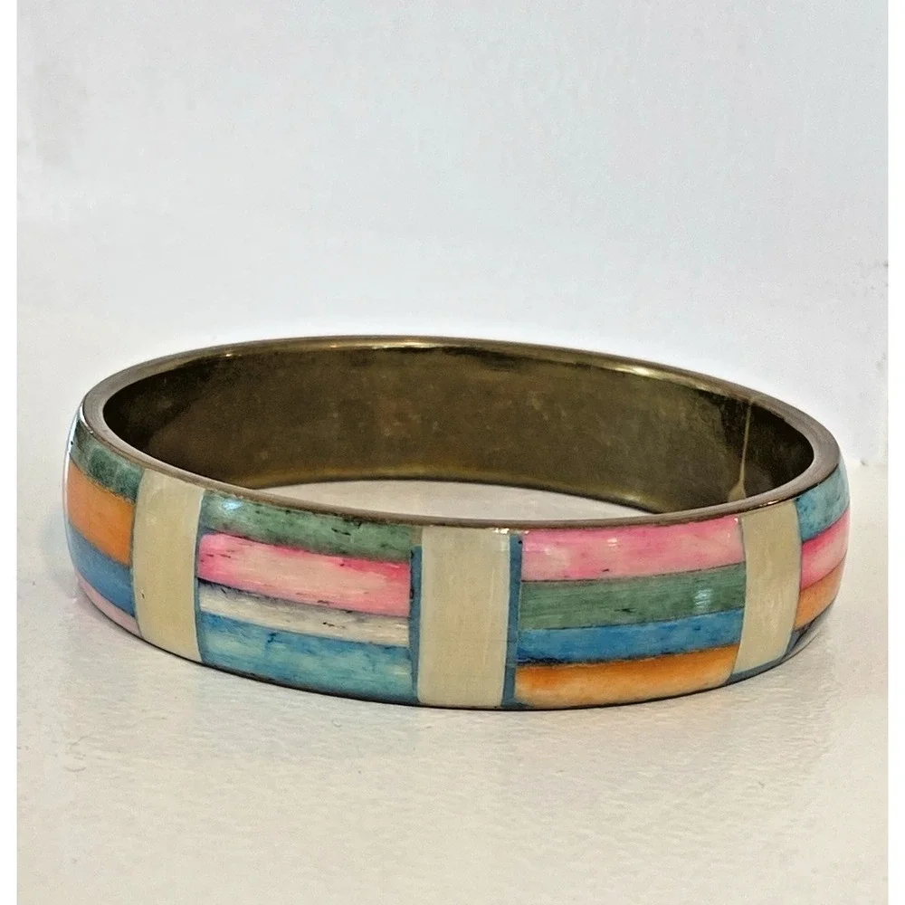 Vtg Colorful Mosaic Inlay 8 Inch Brass Bangle Bracelet 1970's Dyed Bovine Bone